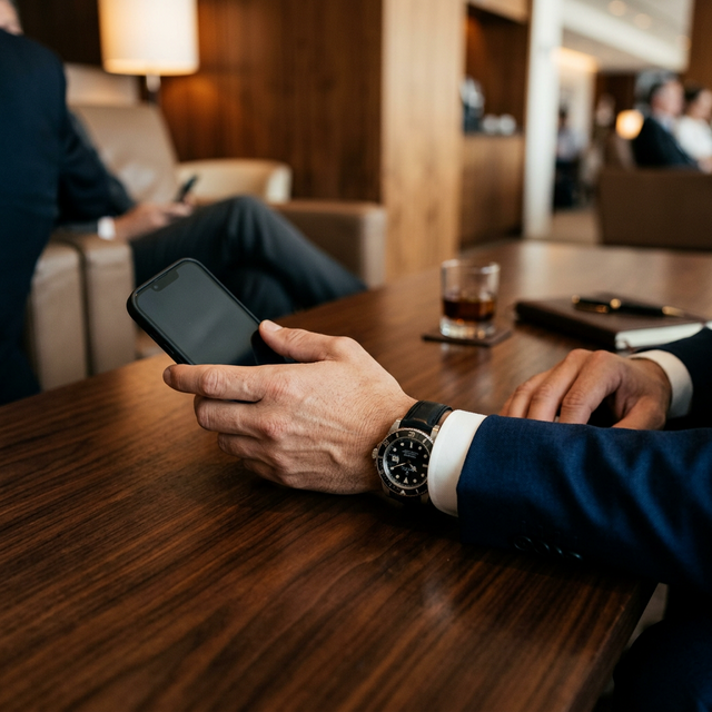 Executivo com relógio suíço em lounge VIP de aeroporto