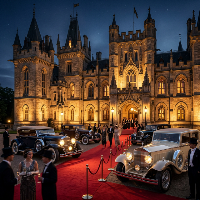 Carros vintage dos anos 20 em frente a castelo gótico europeu