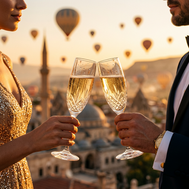Taças de cristal brindando com balões de ar quente ao amanhecer
